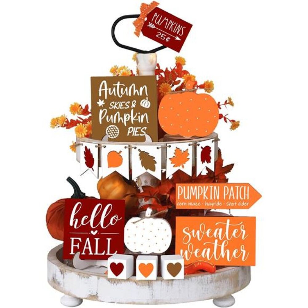 15 Pcs Fall Tiered Tray Decor Set Fall Decorations for Home Autumn Wood Signs